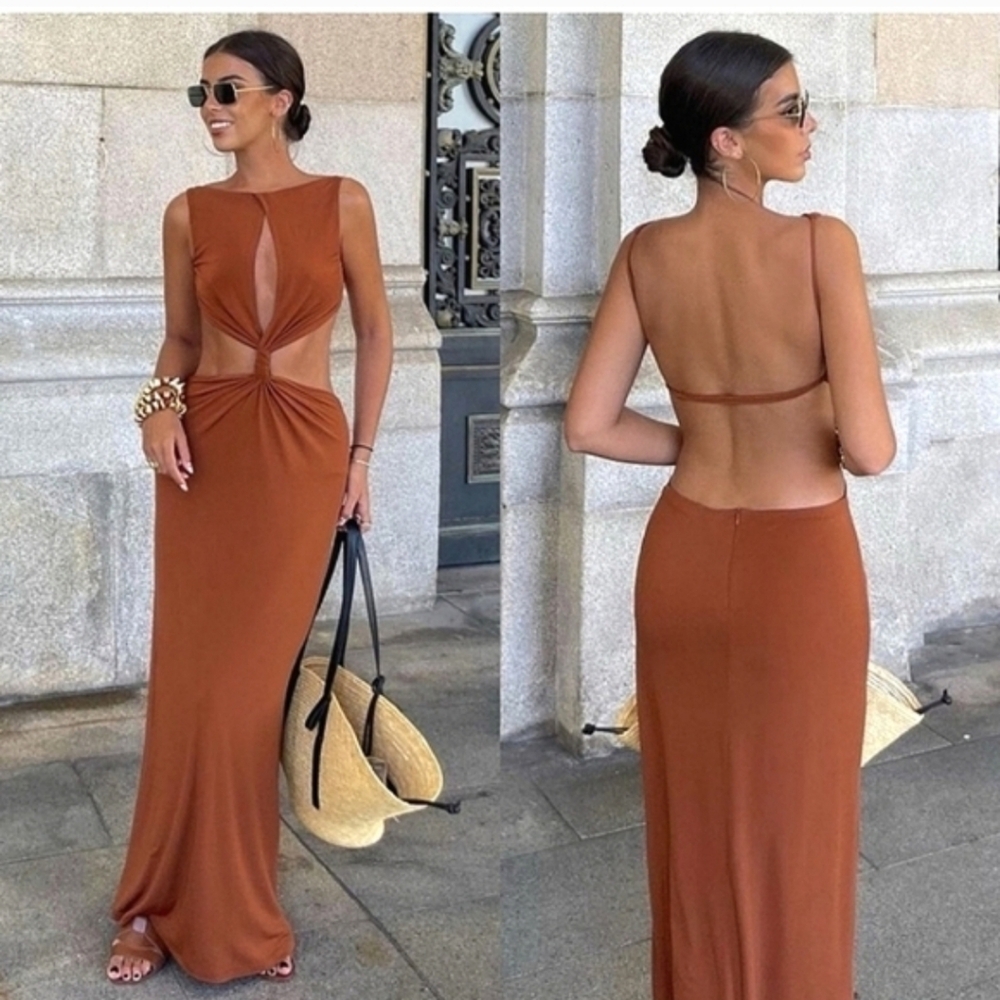 Zara Cut Out Maxi Dress Brown SizeM